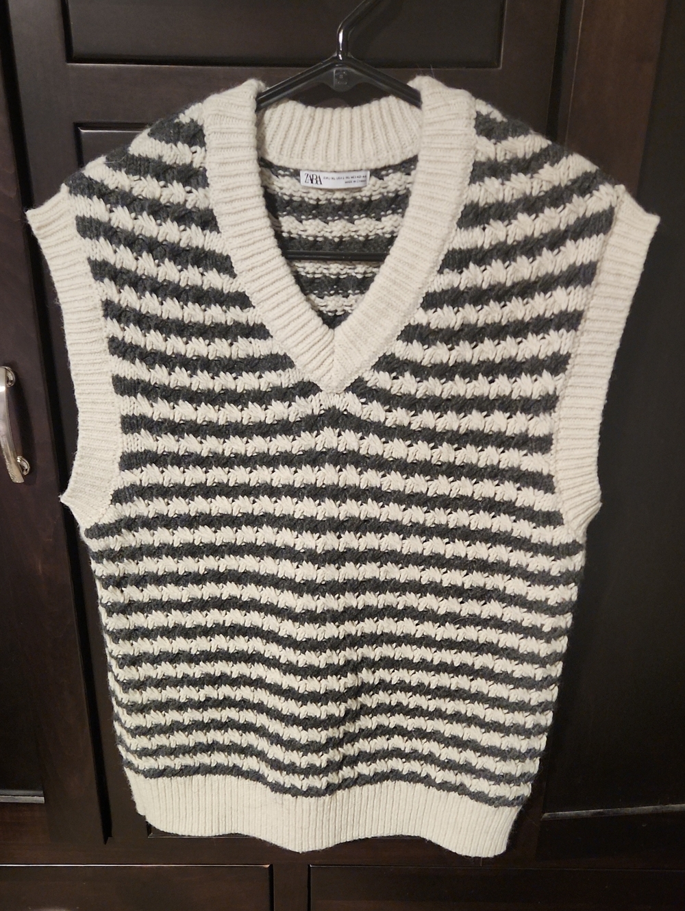 Unisex Zara Striped V-Neck Sweater Vest in Cream and Charcoal